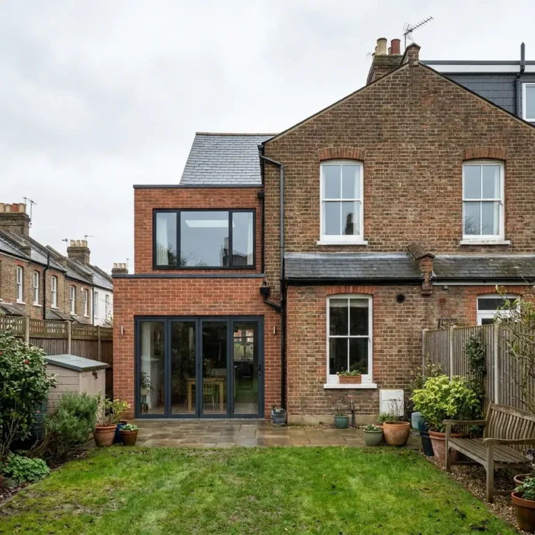 Two storey brick extension with black framed glazed doors on a period terraced house